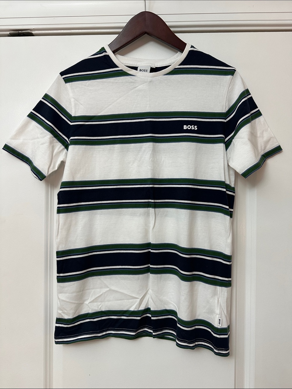 BOSS White Navy Green Striped Short Sleeve Tee